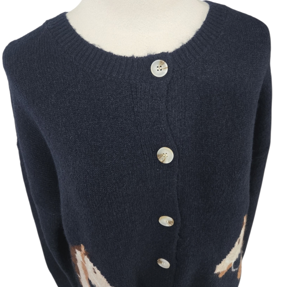 VIGOSS Horse Cardigan Sweater Women L Navy Blue Knit Button Up Cropped NWT - Picture 3 of 11